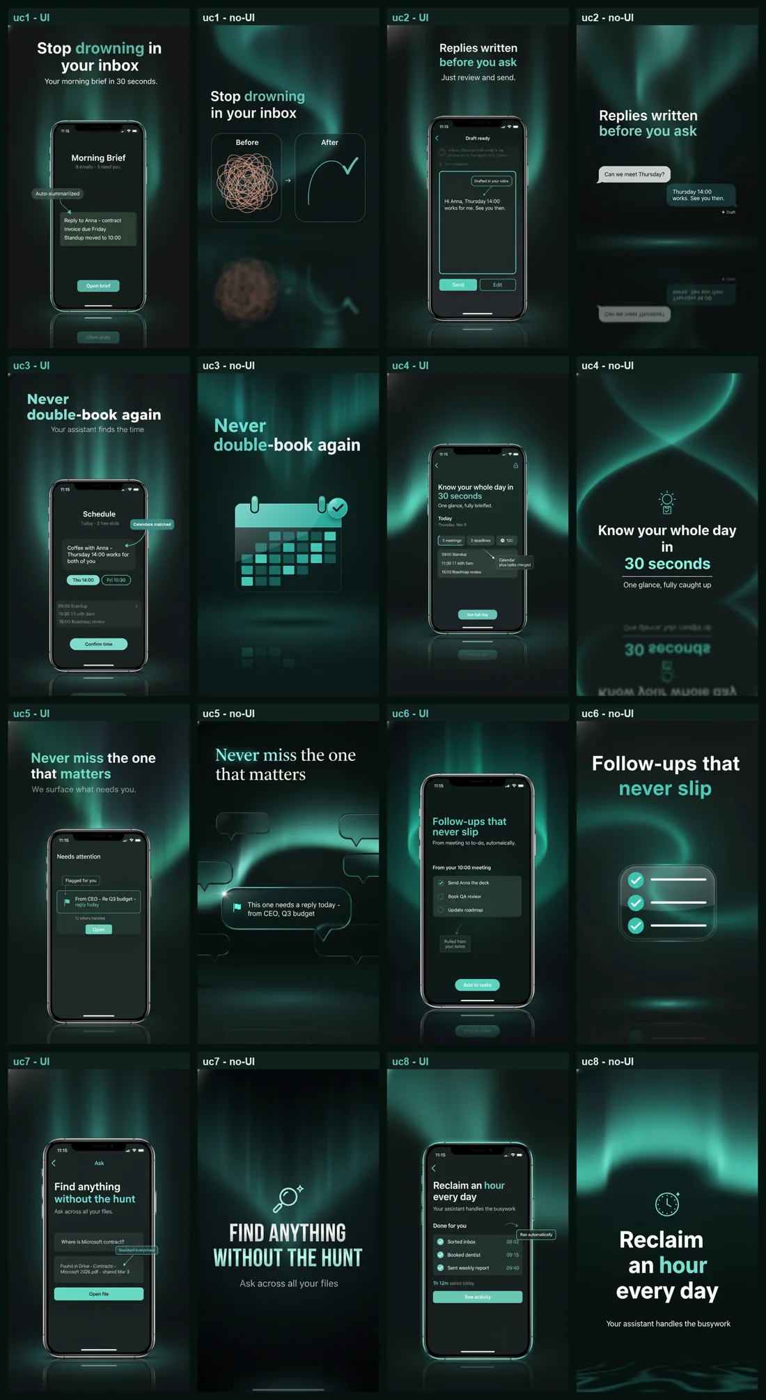 Contact sheet of polished app-store screens: eight use cases in phone-frame and frameless variants, dark teal aurora style