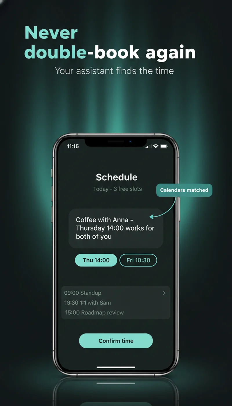 The finished 'Never double-book again' app-store screen in the winning aurora v2 style