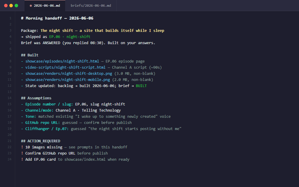 The morning handoff markdown listing what was built and assumed