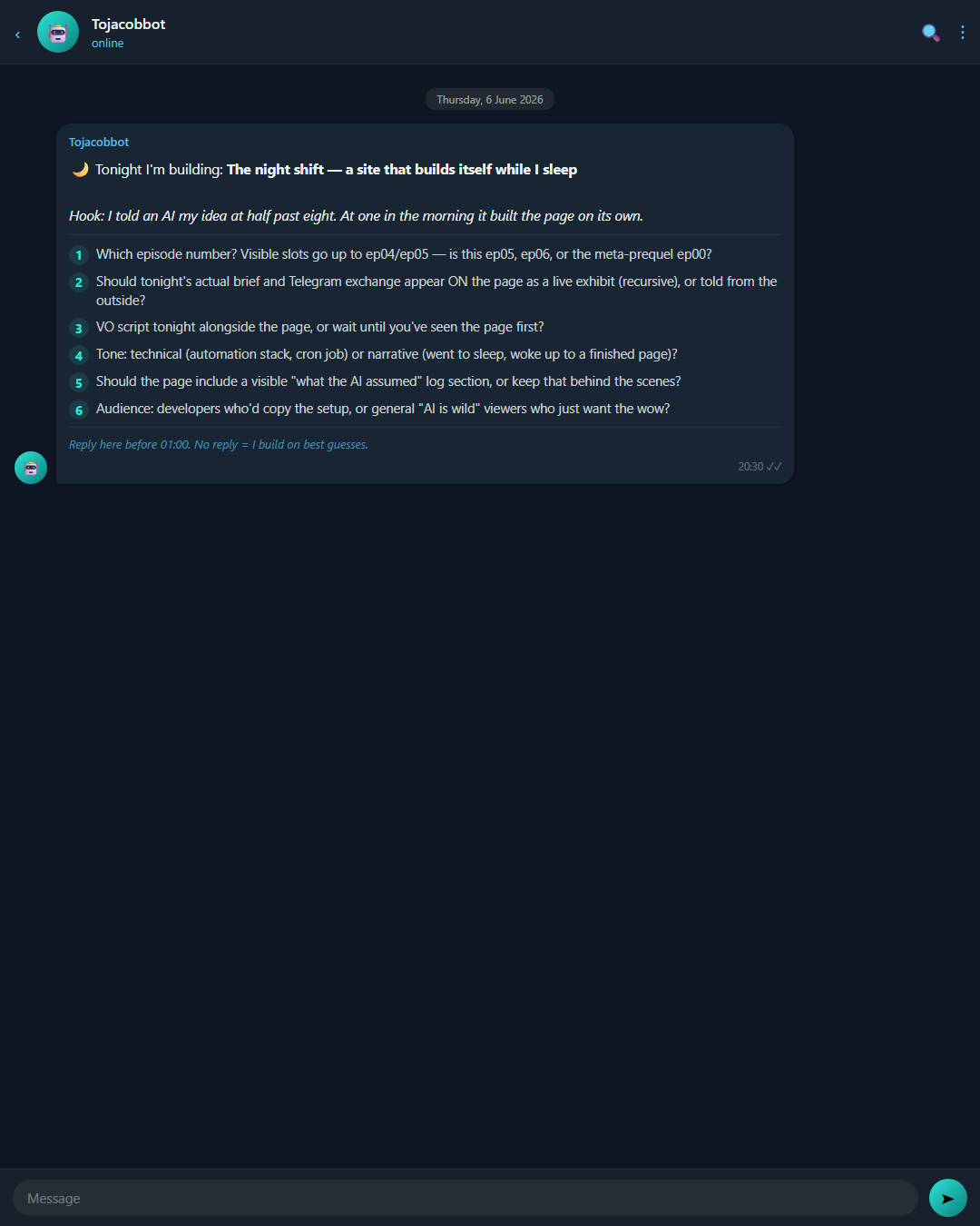 The 20:30 proactive Telegram ping — the bot messages first
