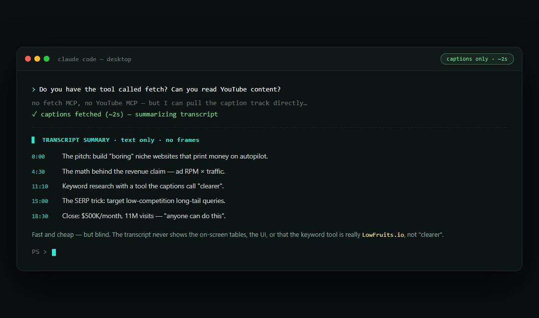 Terminal showing a caption-only YouTube summary, generated in seconds