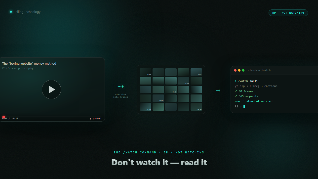 A paused tutorial dissolving into a grid of frames feeding a terminal — learn by not watching