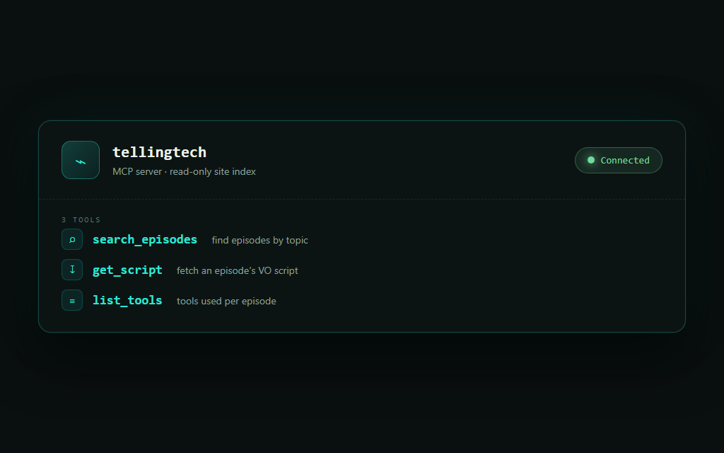 Claude Code settings showing the tellingtech MCP server connected with three tools