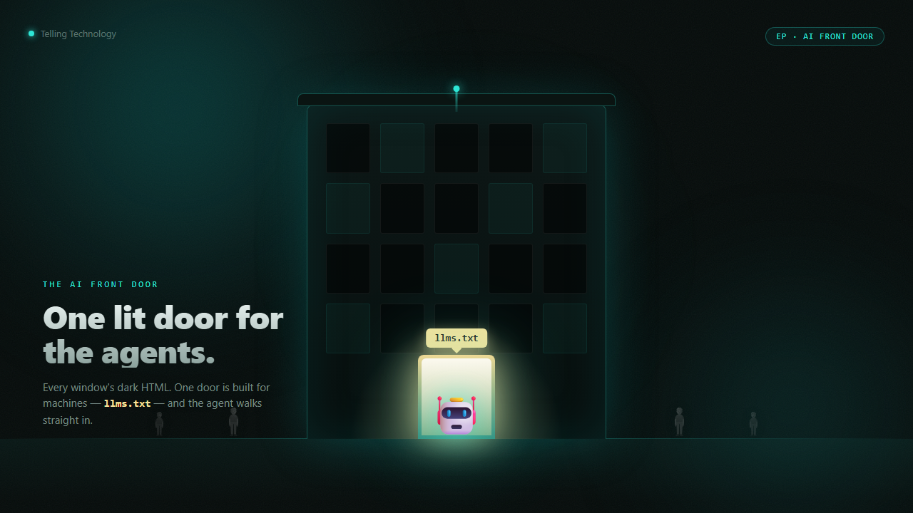 A website drawn as a glowing building with one lit doorway labelled llms.txt, an AI agent walking straight in