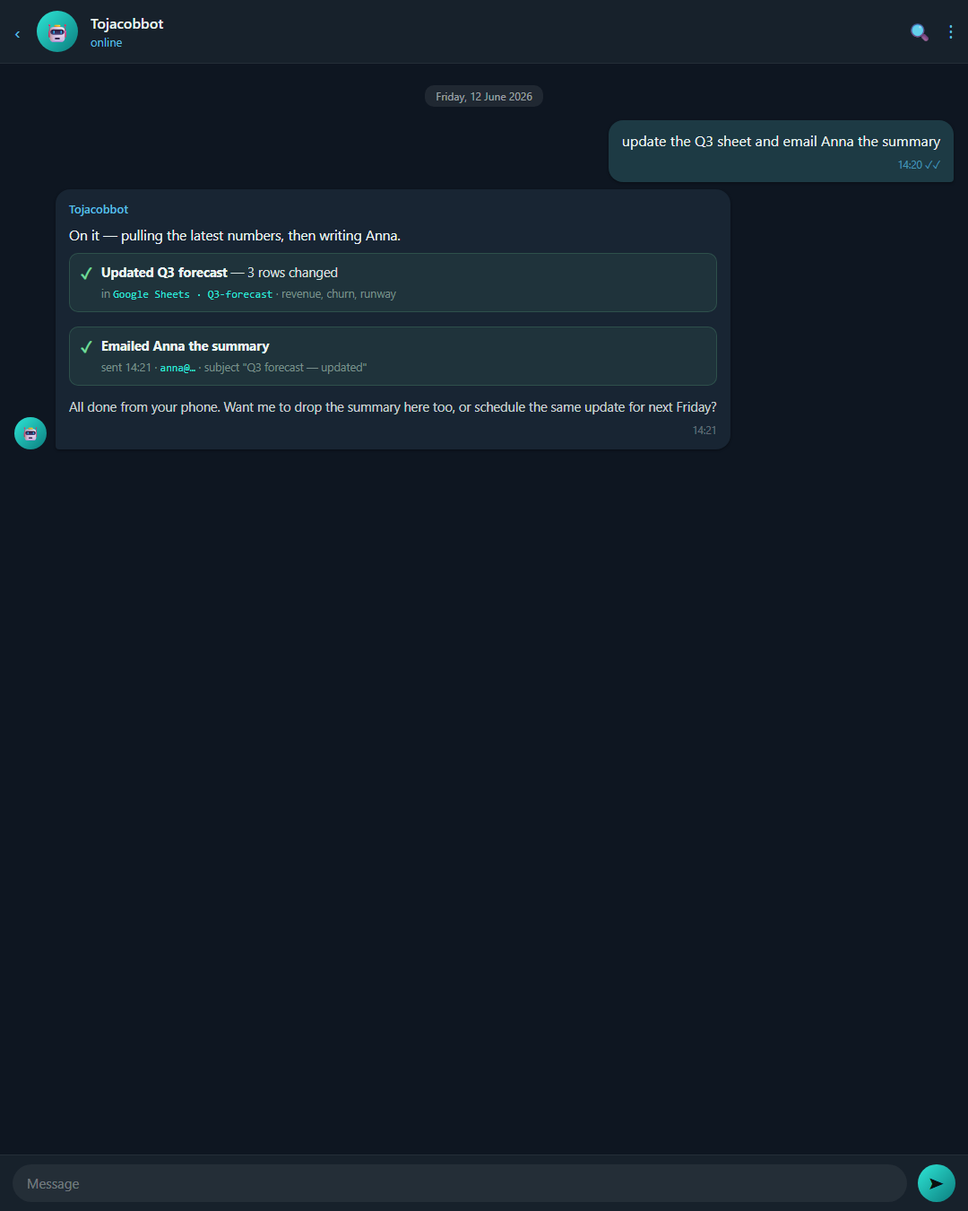 Telegram bot confirming a real task done from the phone