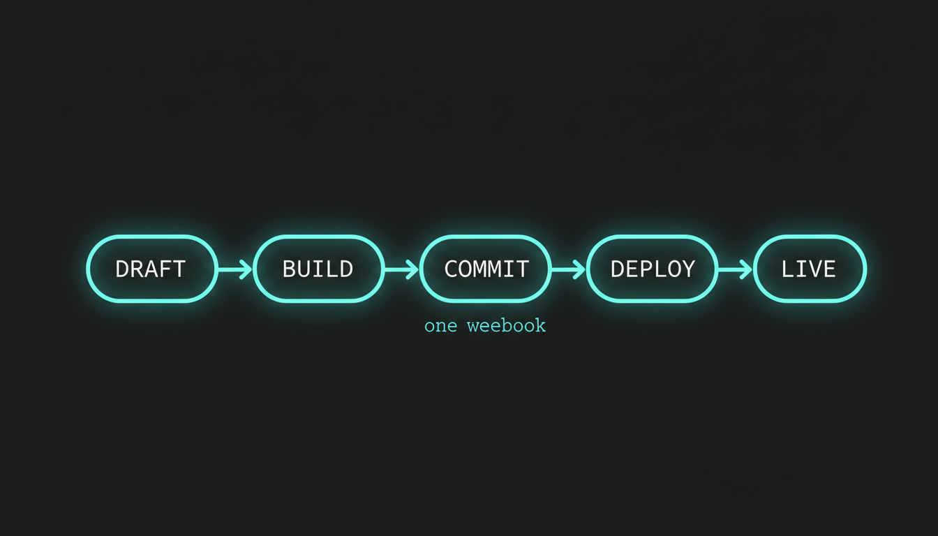 A horizontal diagram: draft, build, commit, deploy, live — connected by one webhook