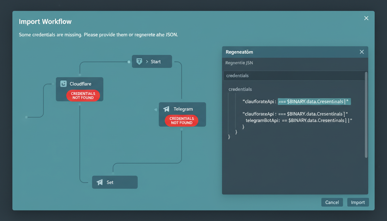 An n8n import dialog showing two red 'credentials not found' warnings on the Cloudflare and Telegram nodes, next to the regenerated JSON with named credential placeholders