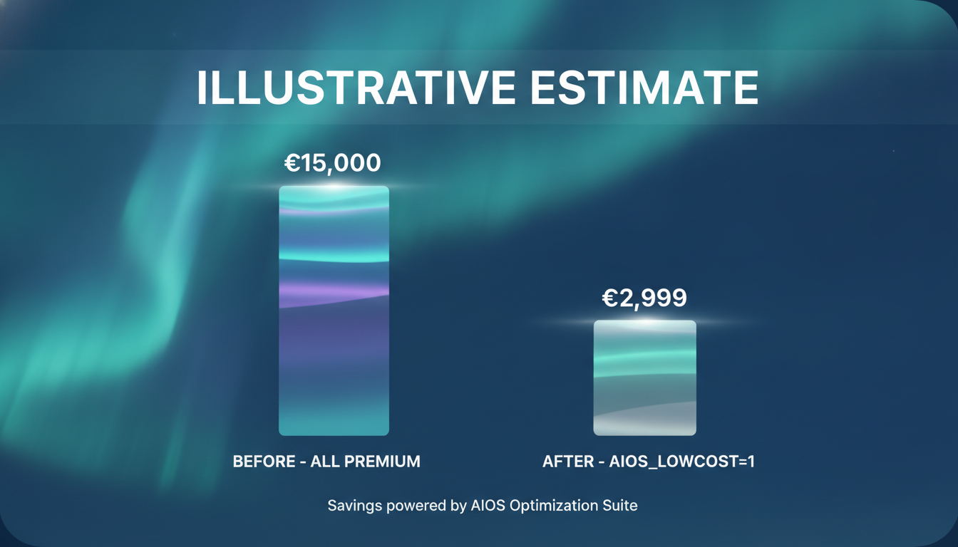 A before/after cost bar chart, clearly labelled as an illustrative estimate: a tall all-premium bar versus a short low-cost bar