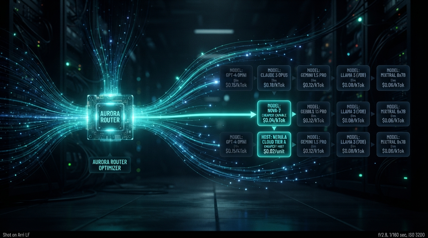 AI requests fanning out toward a row of model price tags; a cost-first router lights the cheapest capable model and its cheapest host in teal, house aurora-teal style