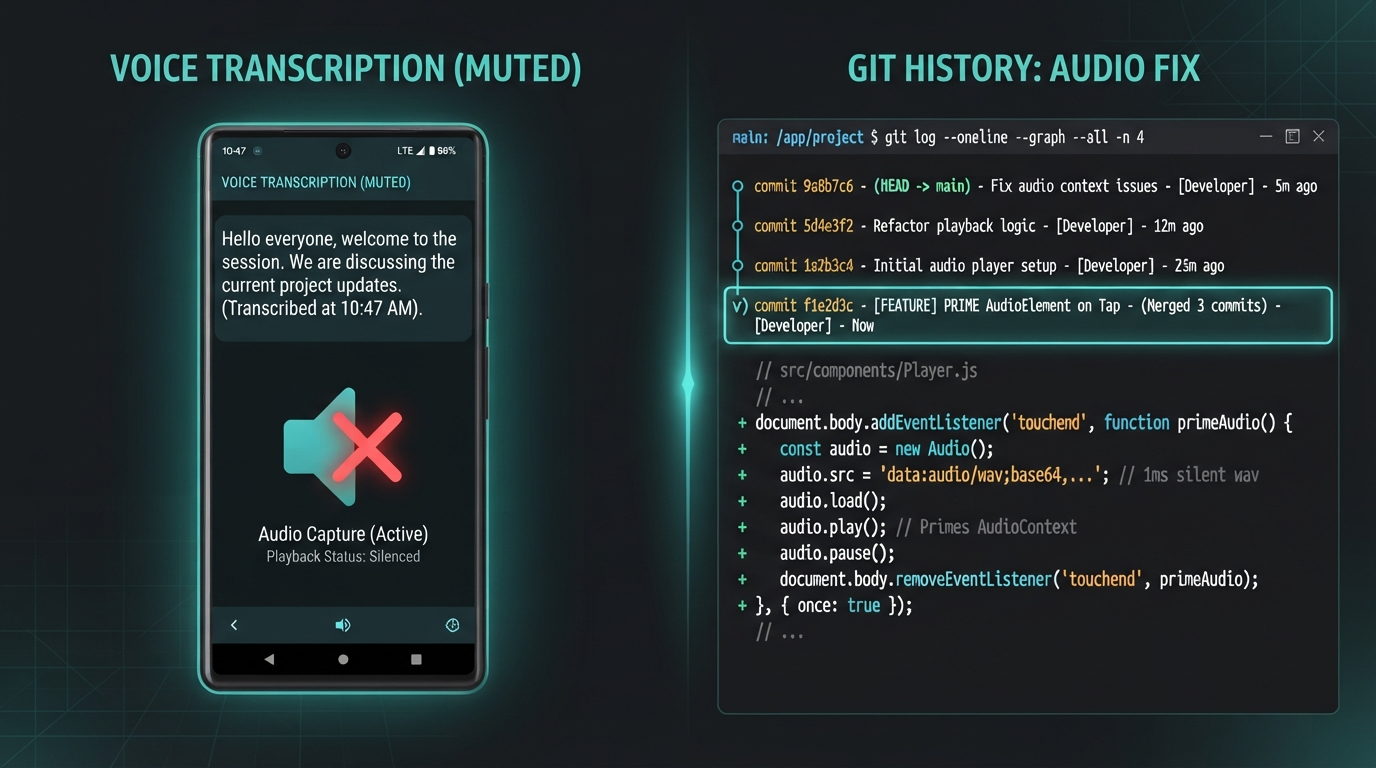 A phone screen showing a perfect transcription but a muted speaker icon with an X, beside a git log of three debug commits collapsing into a one-line fix that primes an HTMLAudio element on tap, house aurora-teal style
