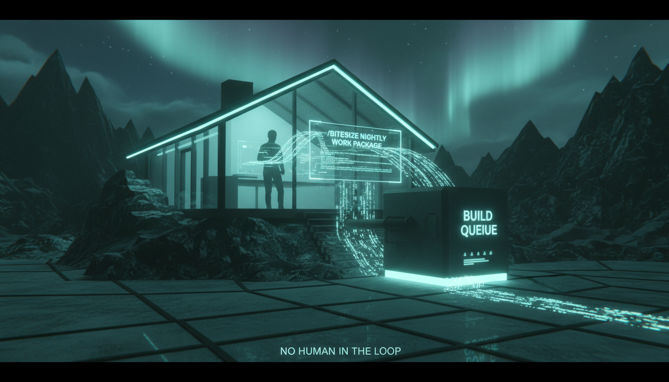 Darkened teaser — a scored session candidate auto-writing a nightly work package that flows straight into a build queue, no human in the loop, house aurora-teal style