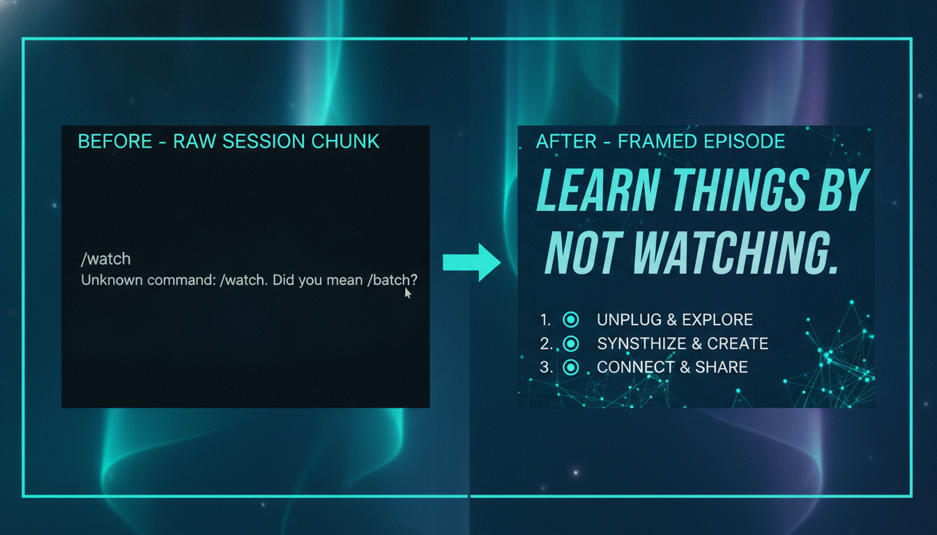 Before/after: a raw session chunk where /watch failed with 'Unknown command', turned into a framed episode card titled 'Learn things by not watching'