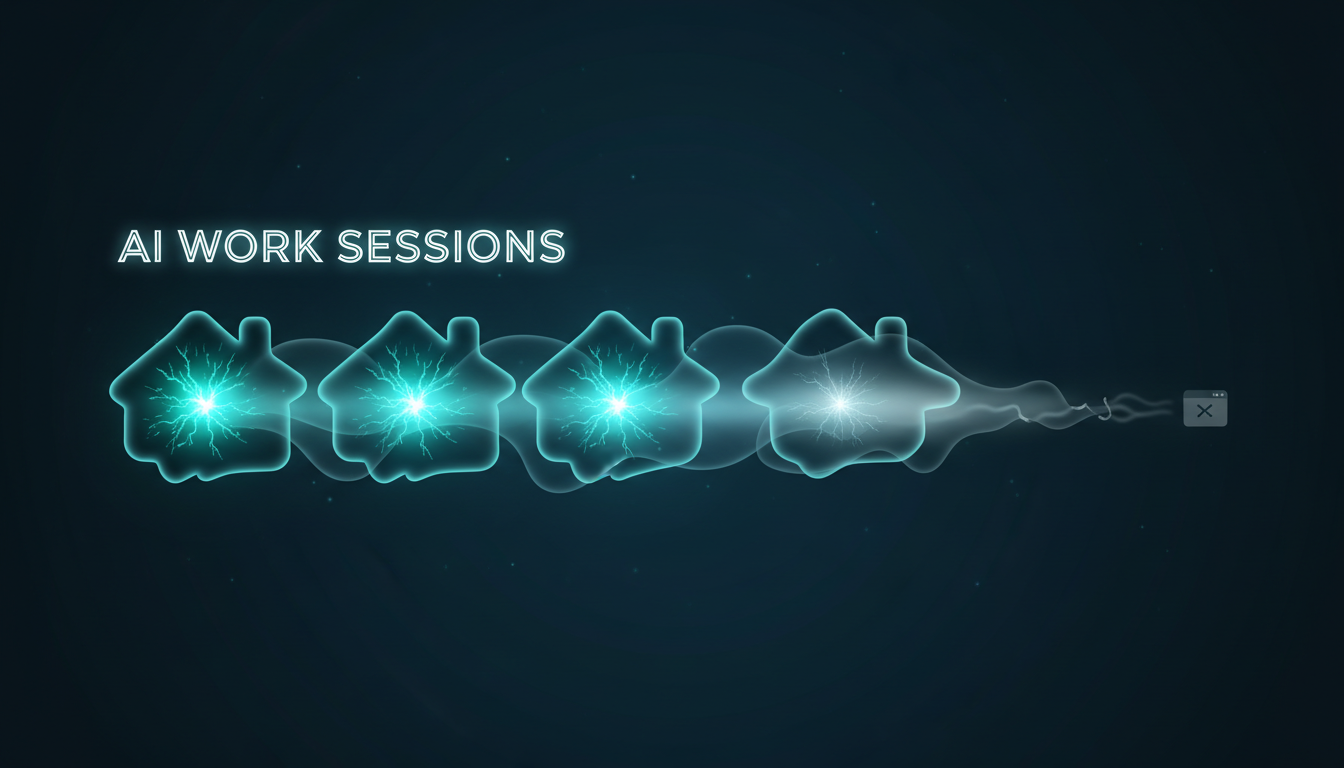A timeline of AI sessions where bright 'aha' sparks flare up mid-session and fade to grey by the end of each day, illustrating ideas lost when the tab closes, house aurora-teal style