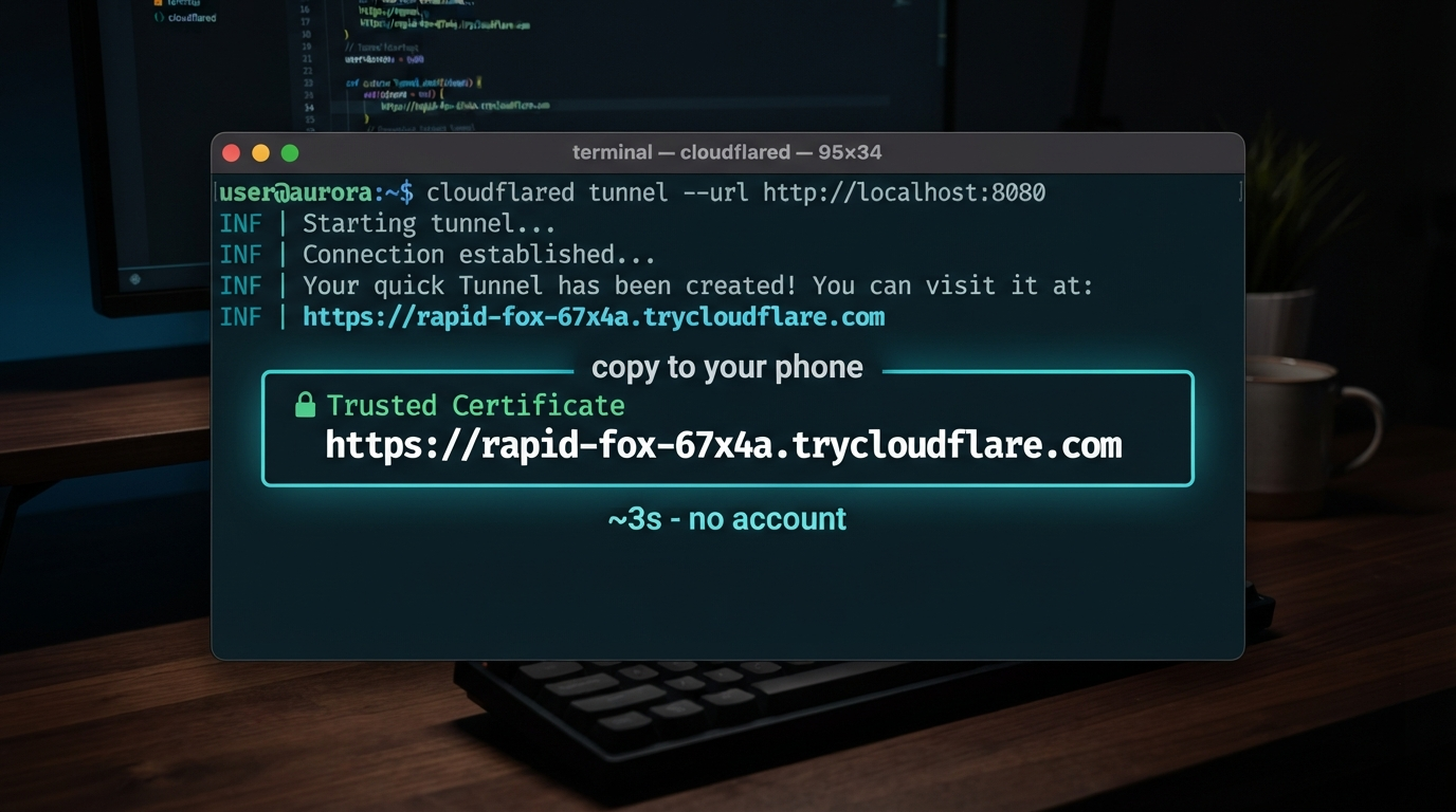 A terminal where cloudflared prints a fresh https trycloudflare.com URL highlighted in a box that says 'copy to your phone', with the local :8080 voice server feeding it, house aurora-teal style