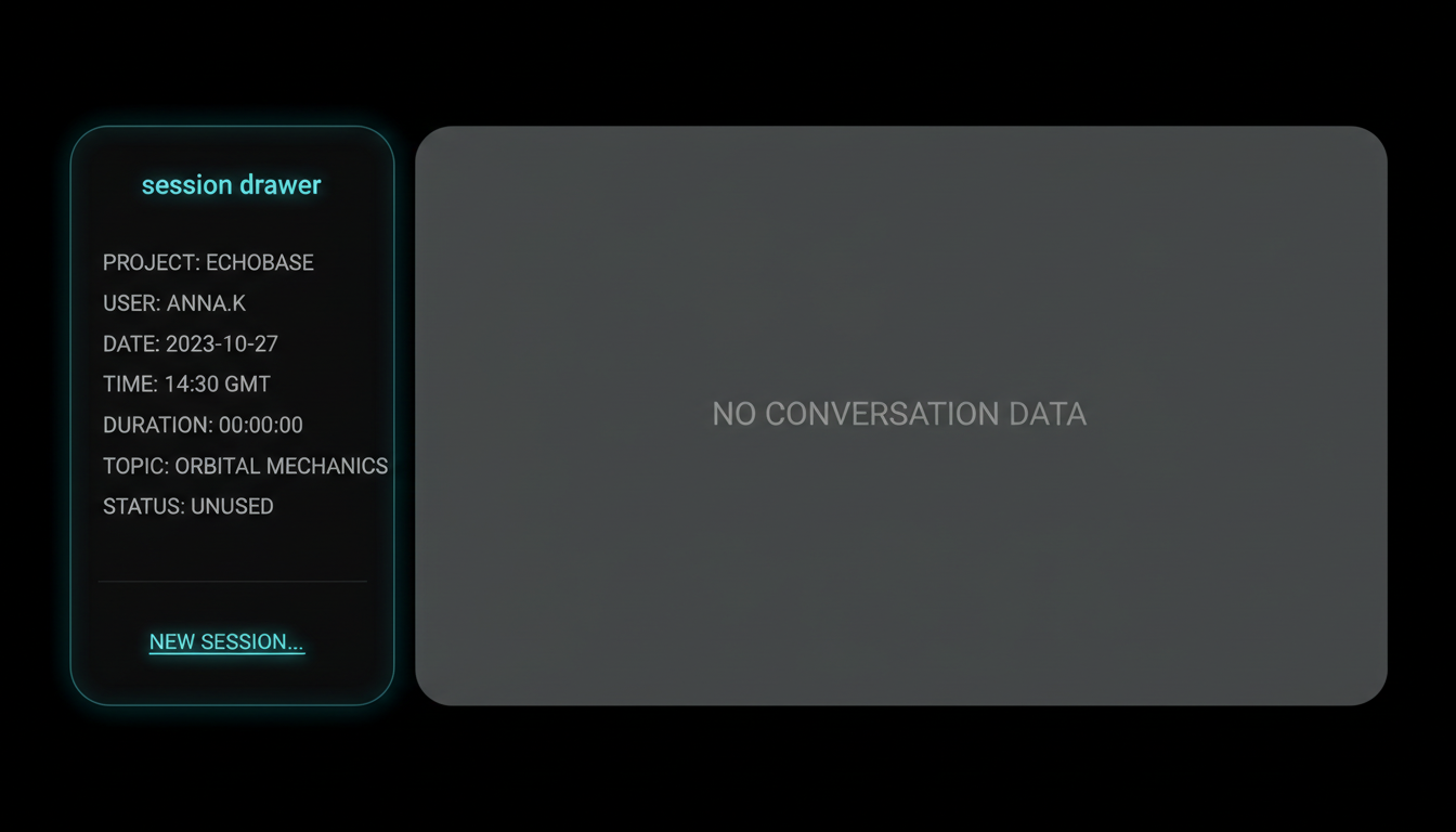 The old session drawer in the AI dashboard showing only metadata — session title, project name, token count and timestamp — with no conversation visible, house aurora-teal style