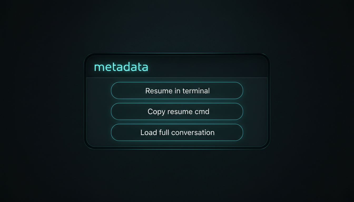 A session drawer with three buttons — Resume in terminal, Copy resume cmd, Load full conversation