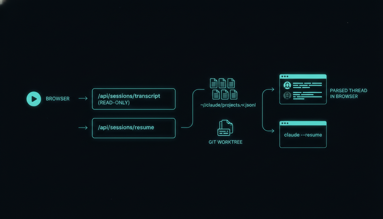 A path diagram — browser button to API route to the ~/.claude/projects JSONL files and back to a parsed conversation rendered in the drawer, house aurora-teal style