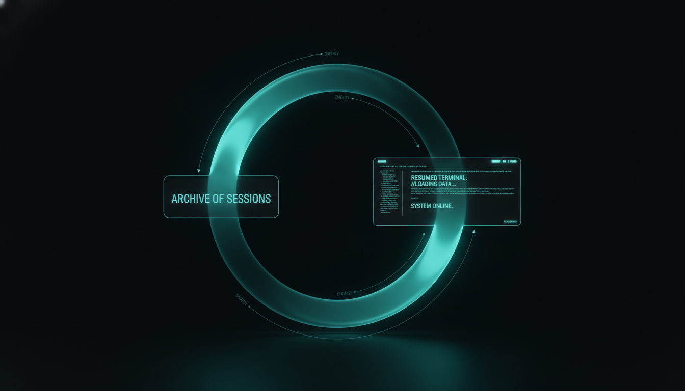 A closing-loop visual — the AI dashboard reading its own archive of past Claude Code conversations from ~/.claude/projects and feeding a resumed terminal session, the build history looping back into itself, house aurora-teal style