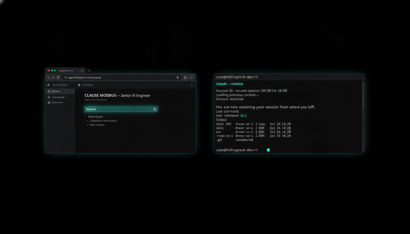 A side-by-side — the browser Resume button on the left, the terminal on the right freshly resumed into a three-day-old Claude Code session mid-conversation, house aurora-teal style