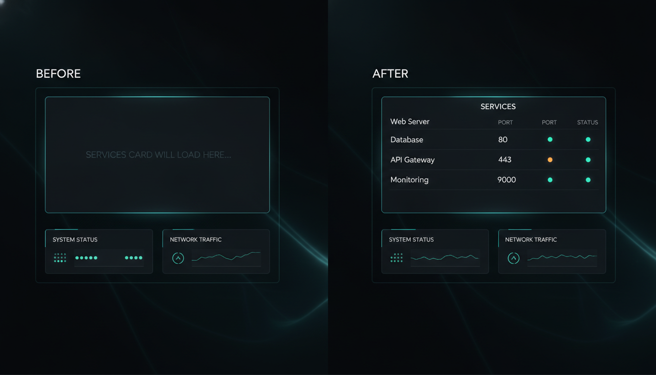 A before/after of the dashboard — an empty area on the left, the populated Services card on the right