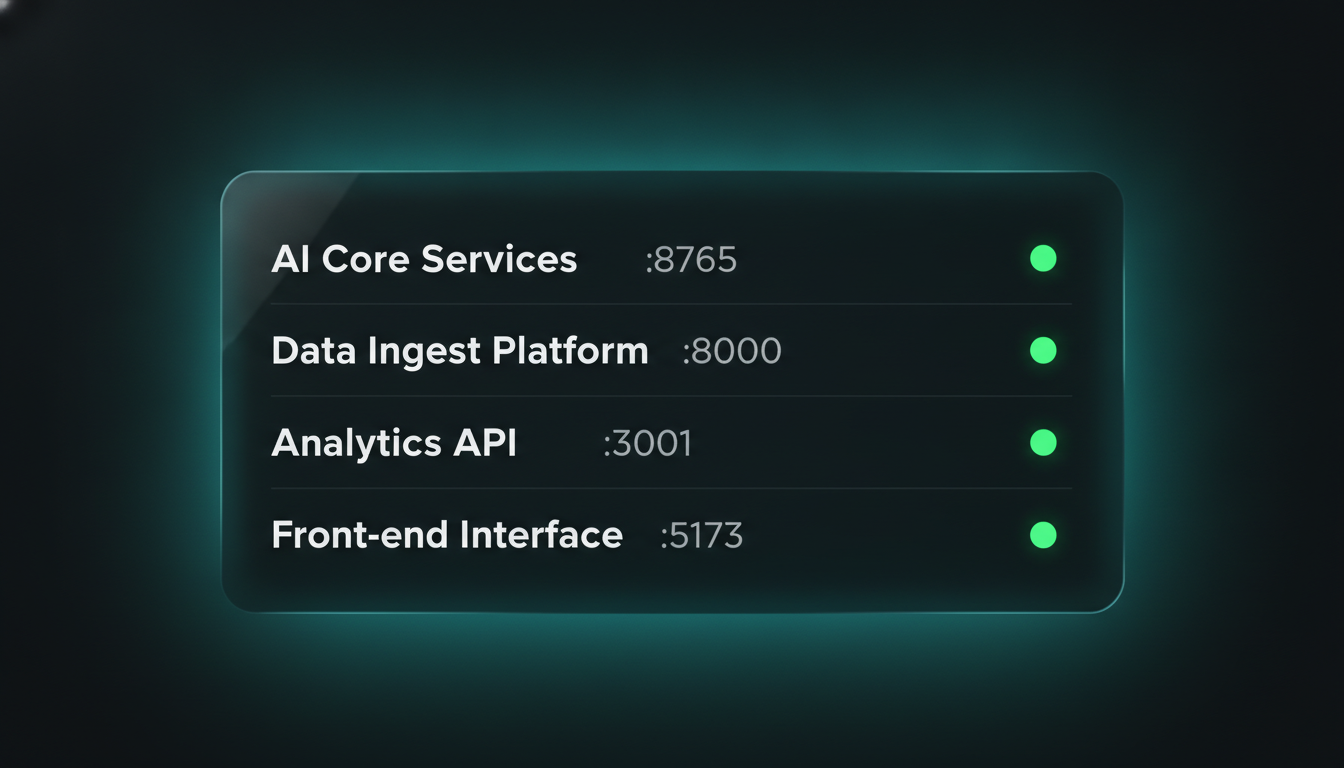The finished Services card in the AI dashboard — four rows (voice server, API, dashboard, worker) each with a name, port label and green status dot, house aurora-teal style