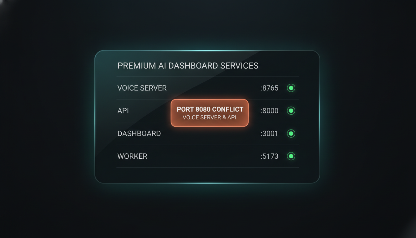 The AI dashboard Services card listing four local AI services — voice server, API, dashboard, worker — each with a status dot and port label, one row flagged with an amber port-collision warning badge, house aurora-teal style