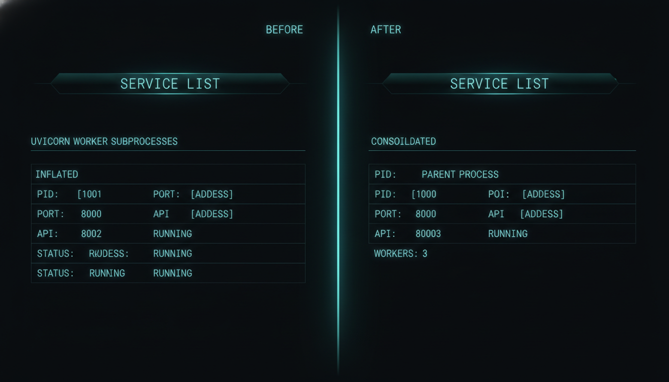 A before/after diagram — left, an inflated service list with three identical API rows (one per uvicorn worker); right, the corrected list with a single API row after collapsing child PIDs into the parent, house aurora-teal style