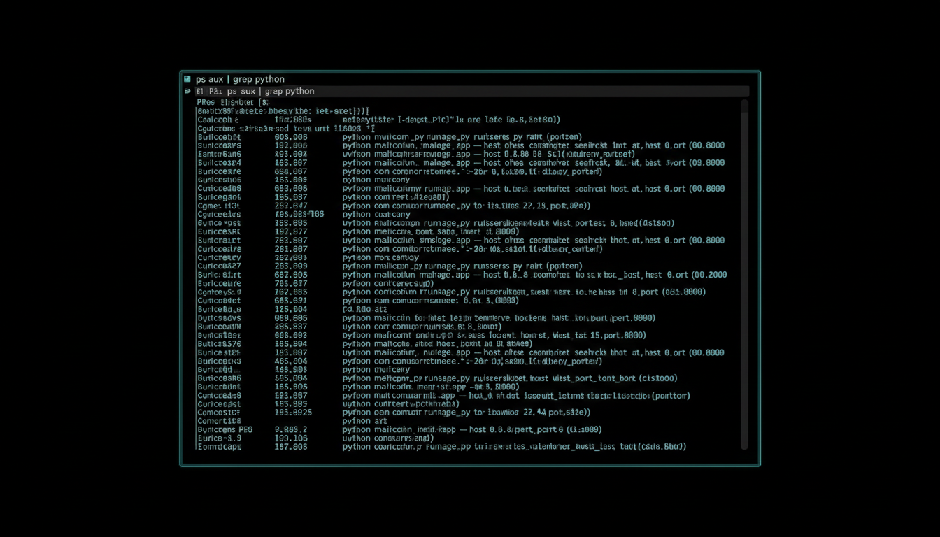 A cluttered terminal showing ps aux | grep python output — many rows of python and uvicorn processes with no clear mapping to services or ports, house aurora-teal style