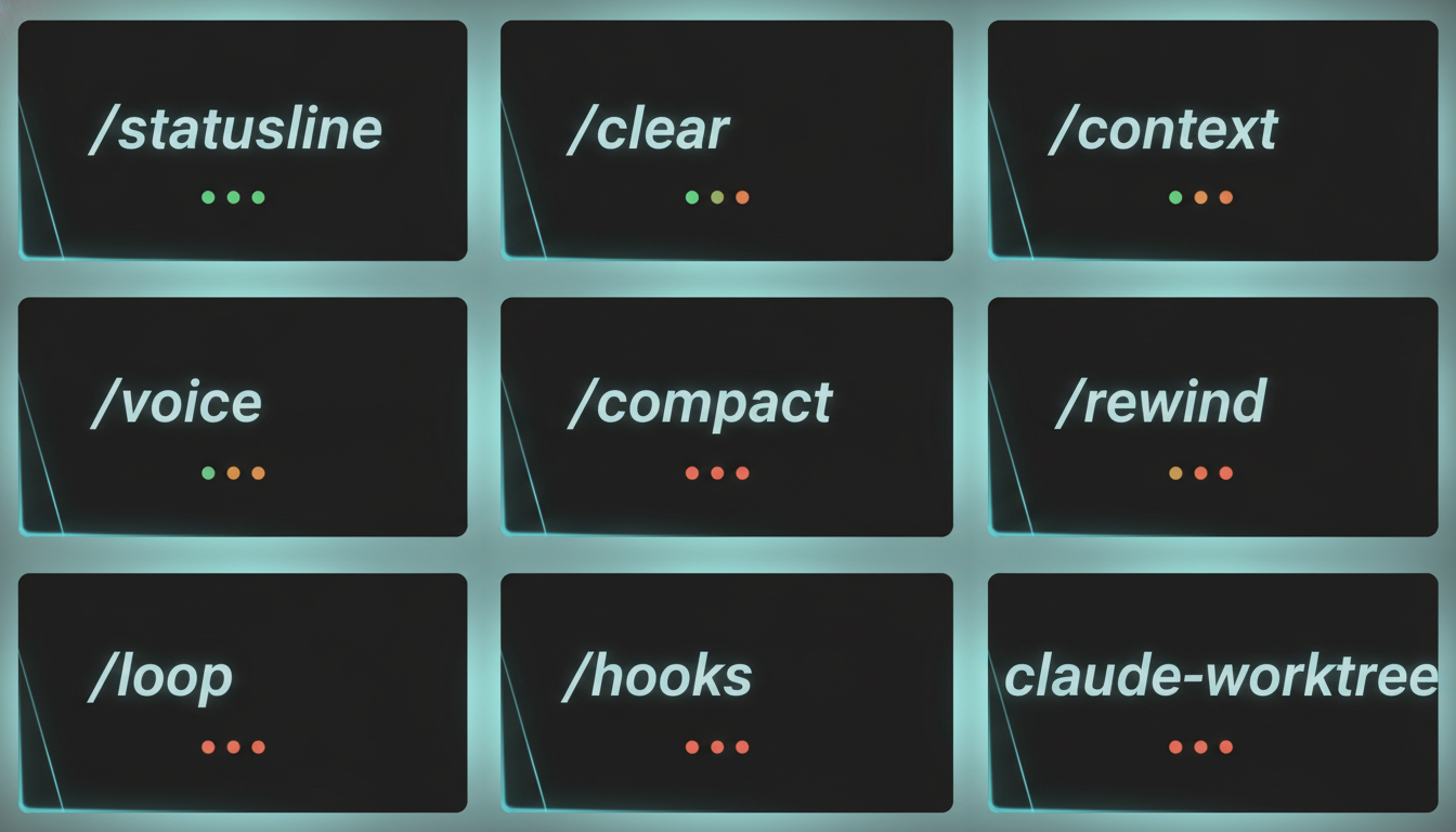 Contact sheet of nine vertical title cards, one per built-in Claude Code command, arranged beginner to advanced