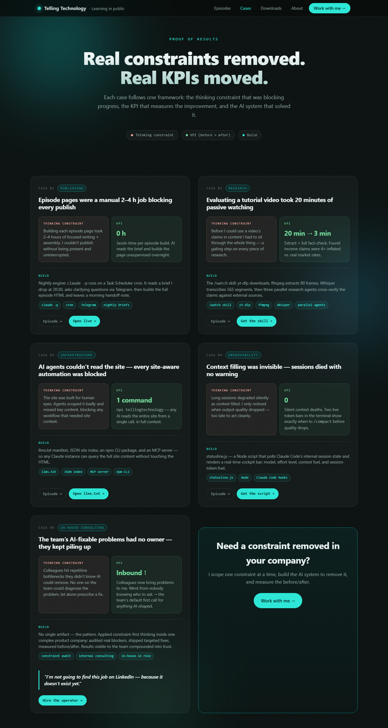 The full Cases grid, two columns of case cards