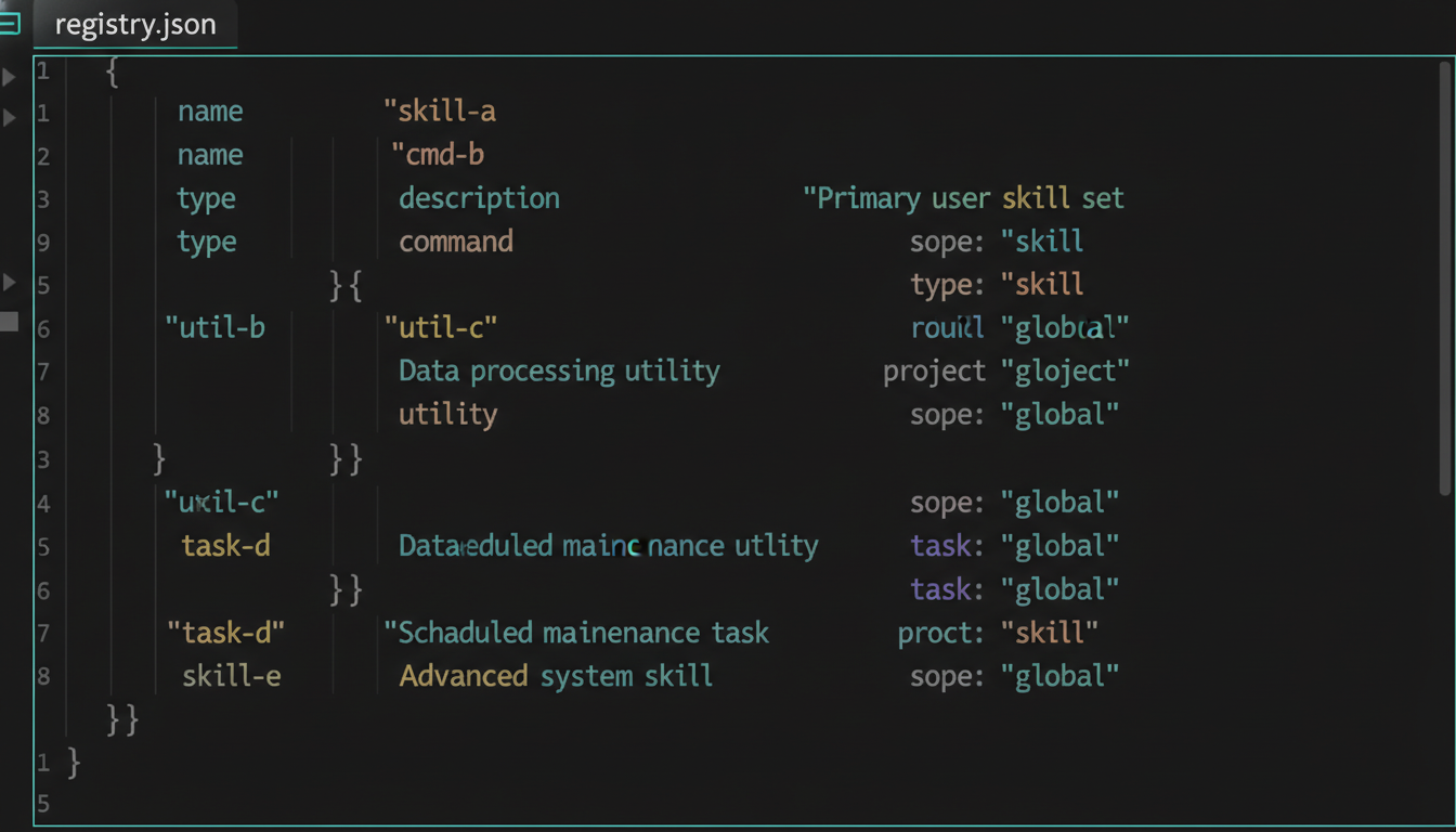 A snippet of the generated registry JSON, one entry per skill with name, type and scope.