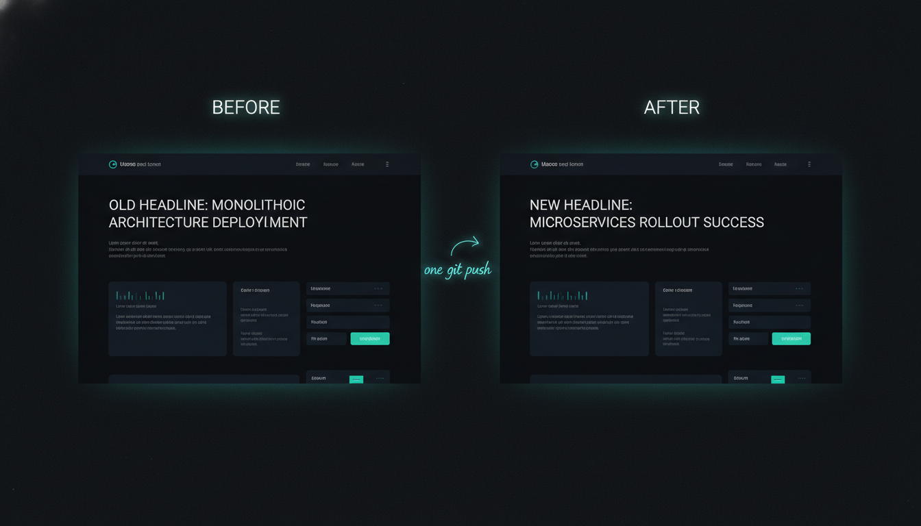 Before-and-after of the live site: the old line on the left, the new line on the right after a single git push rebuilt and redeployed it.