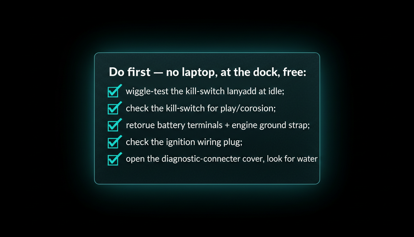A dockside checklist of free tests to run first: kill-switch, battery ground, ignition plug, connector cover.