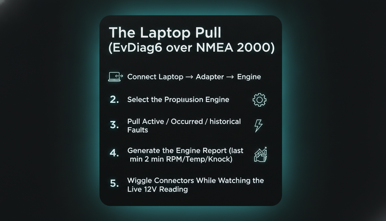 The EvDiag6 laptop diagnostic pull plan: connect, pull active/occurred/historical faults, generate the engine report.
