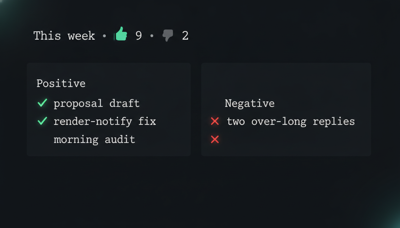 A Telegram 'weekly feedback' message listing reacted-to bot messages grouped into positive and negative, with counts and the message each reaction was left on.