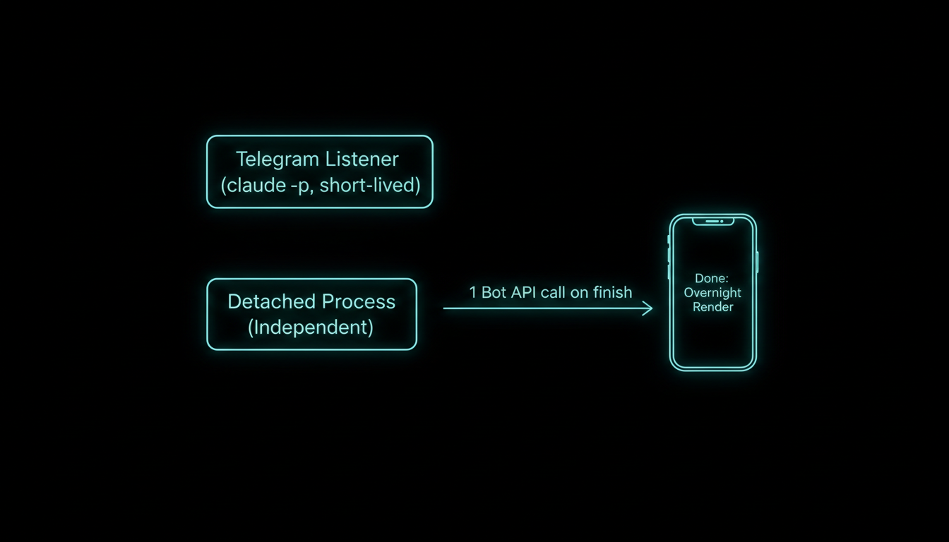 A diagram: a detached process box running independently of the Telegram listener, with a single arrow labelled 'one Bot API call on finish' pointing to a phone showing a 'Done: overnight render' Telegram message.