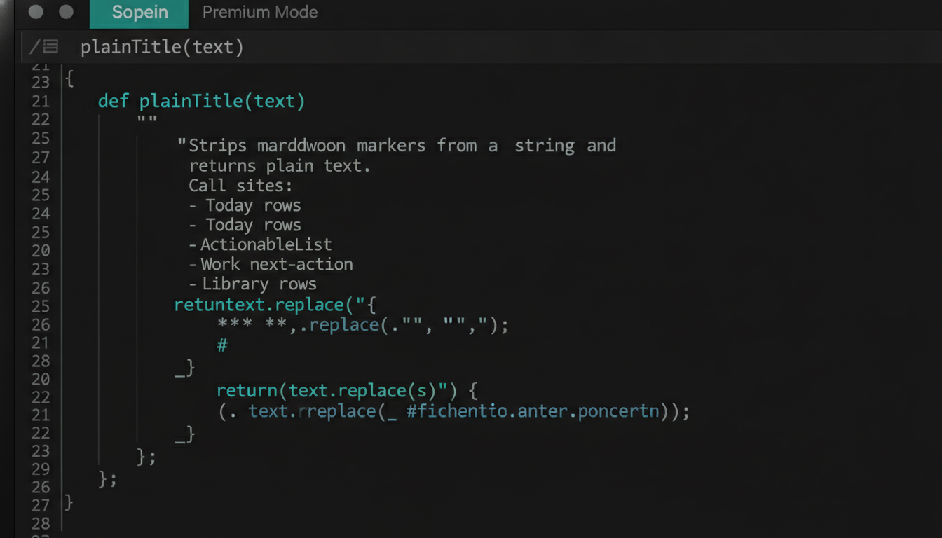 A small plainTitle helper that strips markdown from a string, with a comment listing every row type that calls it.