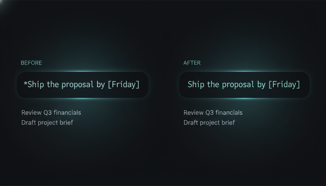 Split screen: on the left, a dark dashboard Todo row showing an ugly literal title '**Ship the proposal** by `Friday`' with the asterisks and backticks visible as raw text; on the right, the same row rendered clean — bold where the asterisks were, no backticks, a finished-looking card.