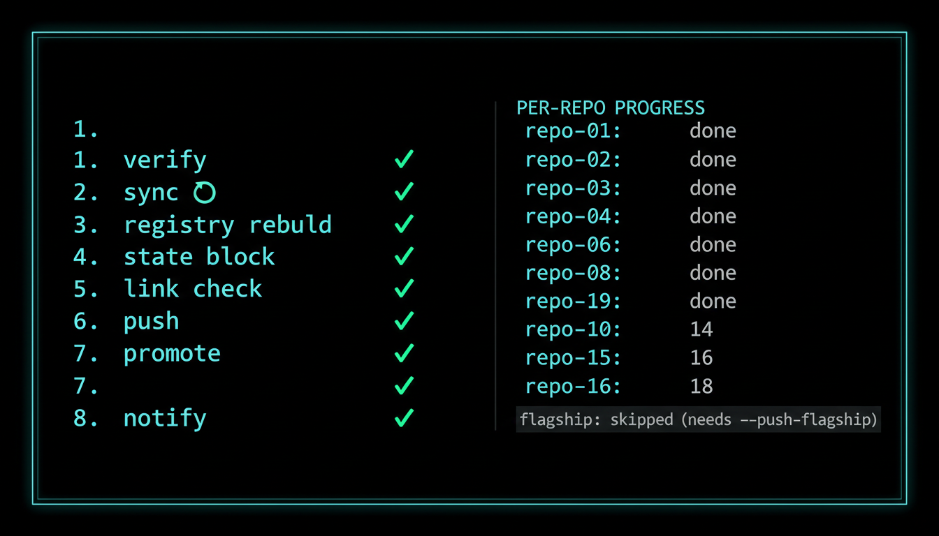 A terminal mid-run showing /release --go fanning out: an ordered list of pipeline stages — verify, sync, registry rebuild, state block, link check, push, promote, notify — each with a green check or a spinner, and a per-repo column ticking through repo-01 to repo-18 with the flagship greyed out and marked 'skipped (needs --push-flagship)'.