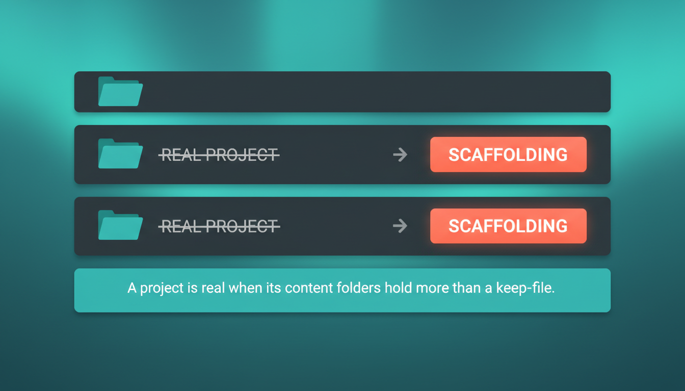 A verdict board: two folders reclassified from real project to scaffolding, with the new rule stated underneath — content folders must hold more than a keep-file