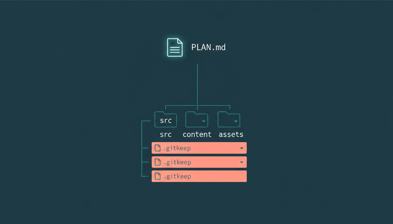 A file tree showing a rich plan file above content folders that each contain only a .gitkeep