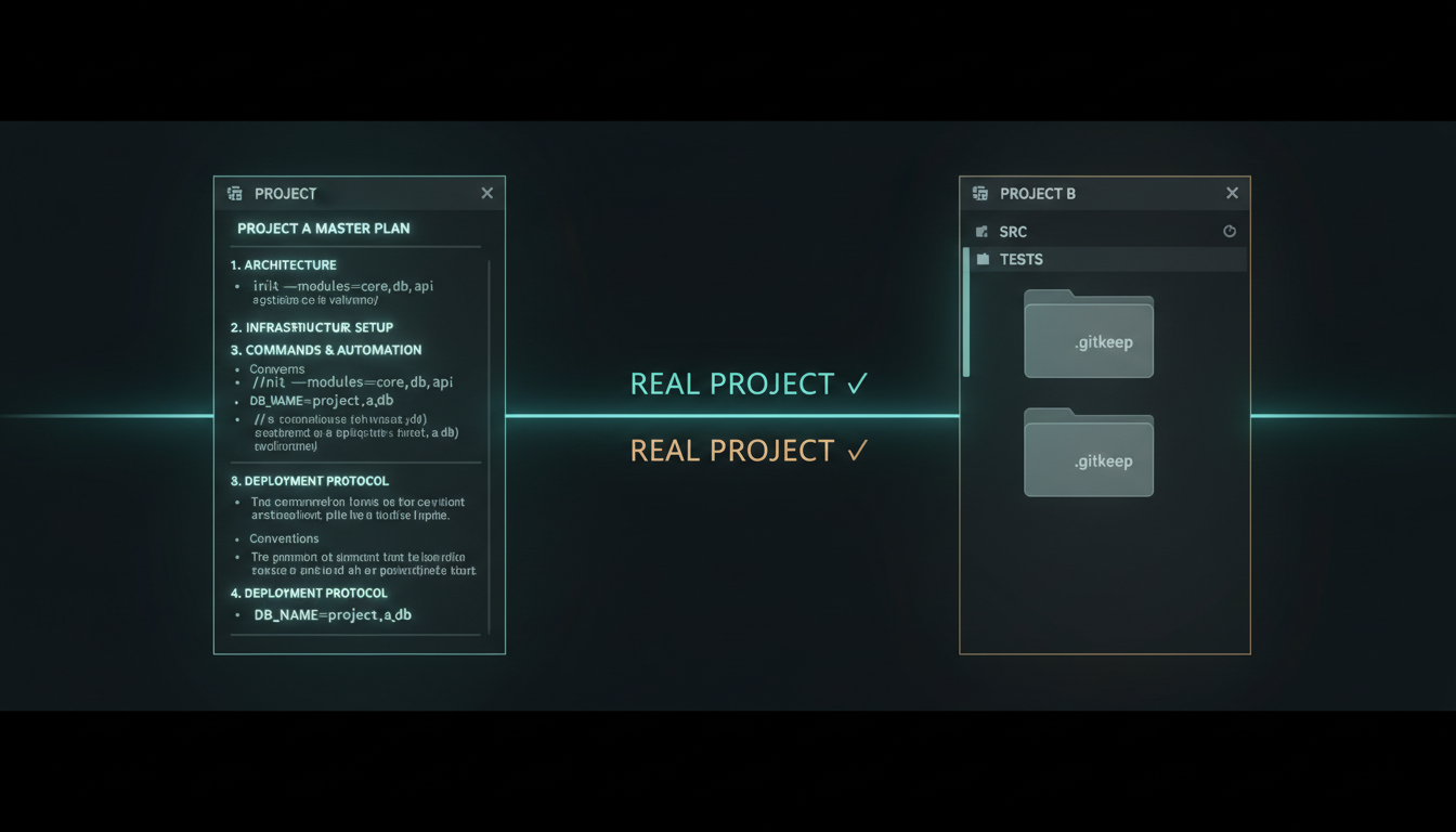 Two project folders side by side: a beautifully written plan file next to a content folder holding only a .gitkeep