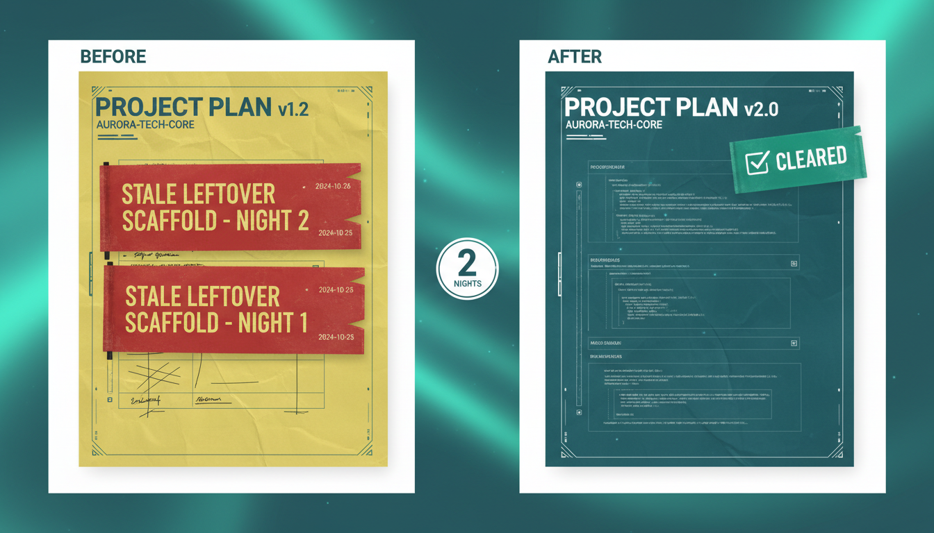 Before and after of a plan file flagged as a stale scaffold two nights running, then rewritten