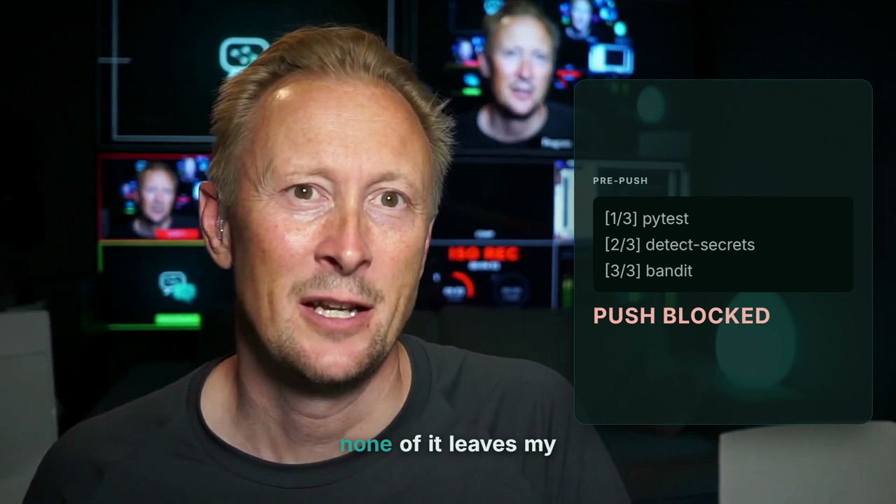 Terminal-styled card showing three checks followed by a PUSH BLOCKED verdict