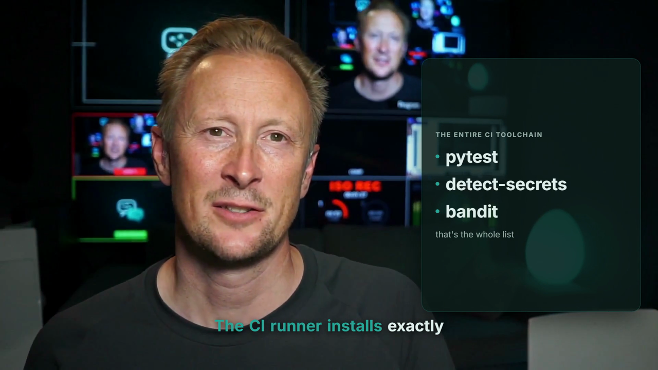 Card listing pytest, detect-secrets and bandit under the heading the entire CI toolchain